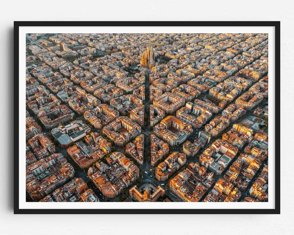 Barcelona City Sunrise Poster, Aerial Travel Print
