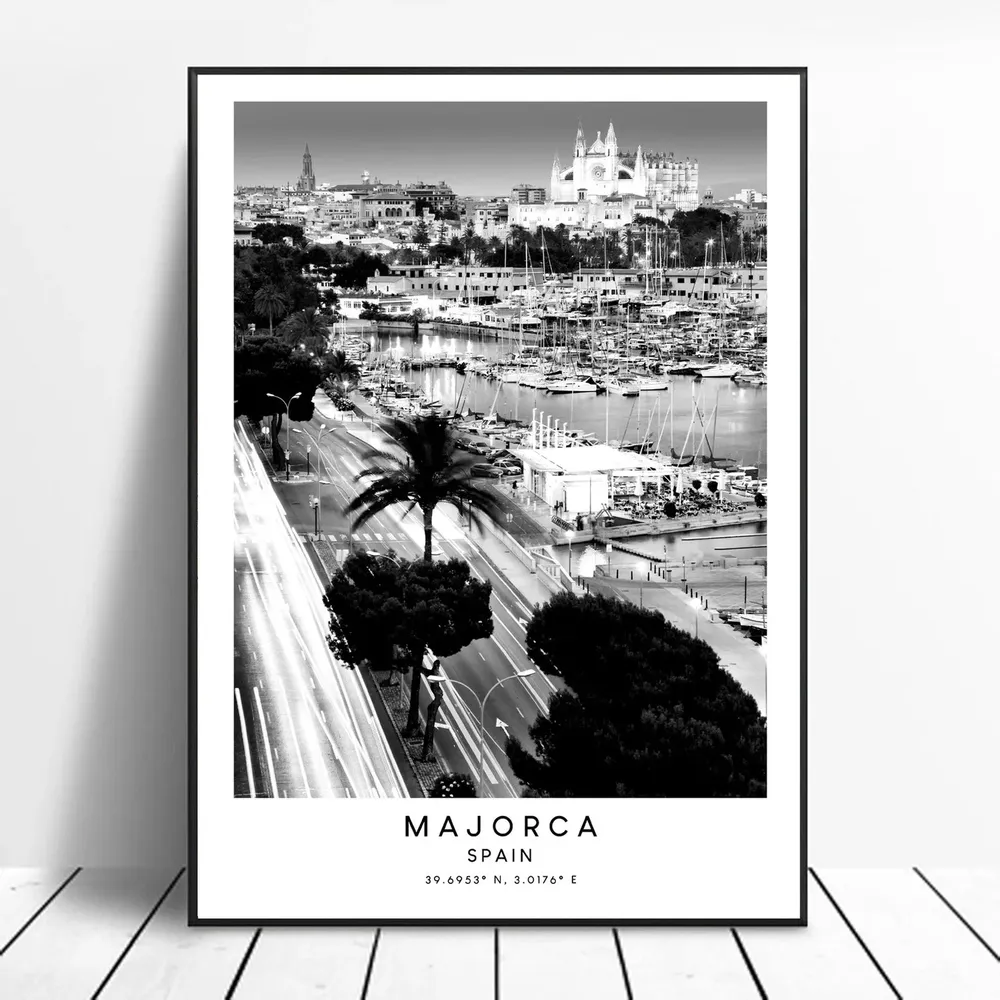 Majorca Travel Poster, Black and White Minimalist