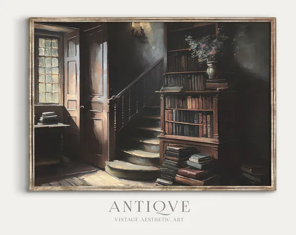 Moody Victorian Staircase With Books and Flowers