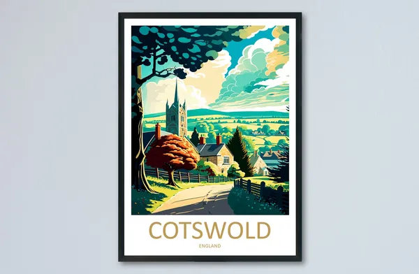 Cotswolds Landscape Travel Poster, England Decor