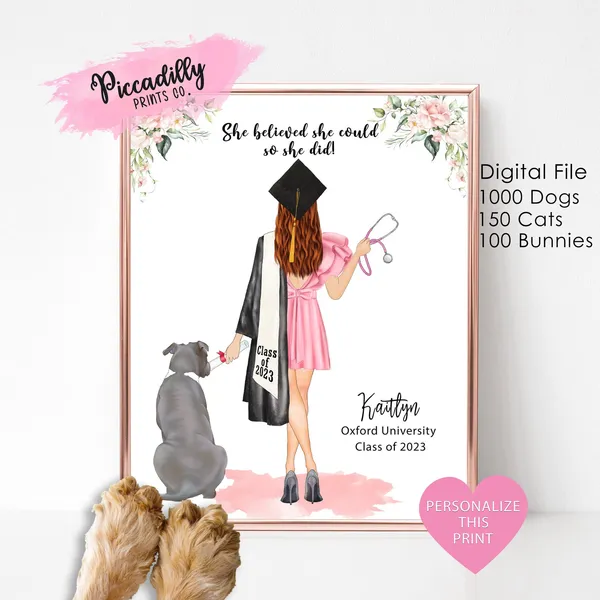 Personalized Graduation Portrait With Pet Art Print
