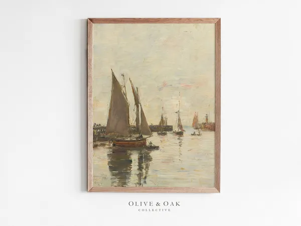 Neutral Seascape Antique Ship Vintage Oil Painting