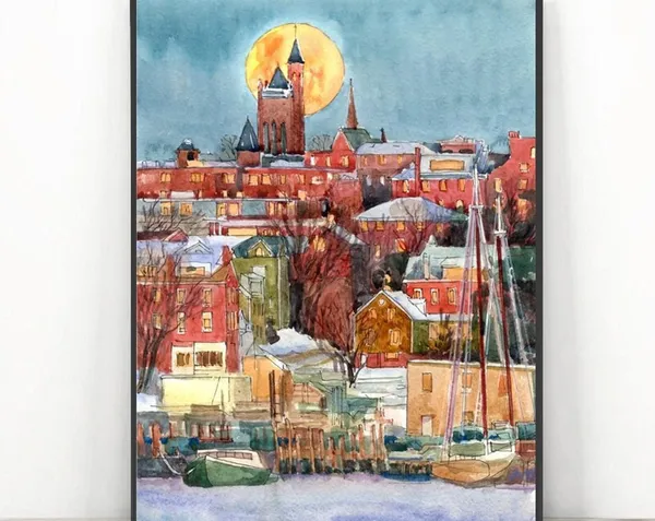 Portland Maine Watercolor Travel Poster, Cityscape