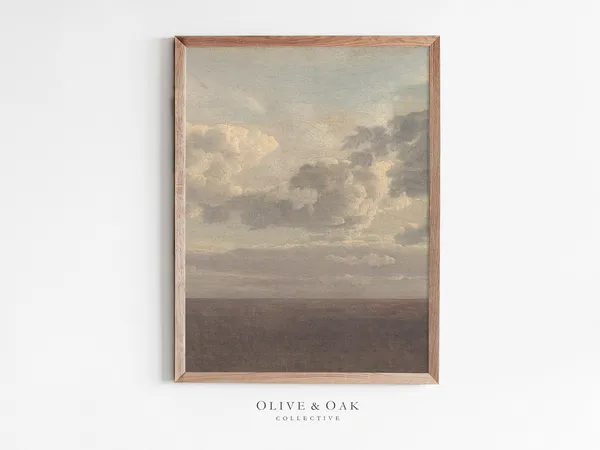 Neutral Cloud Painting, Antique Sky Horizon Nursery Art Print