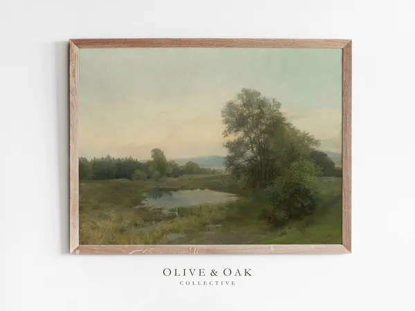 Vintage Landscape Oil Painting, Farmhouse Art Print
