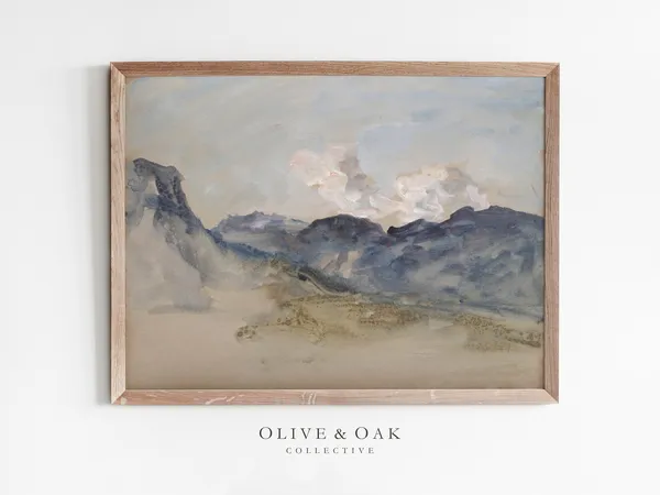 Vintage Mountain Painting, Minimalist Watercolor Art Print