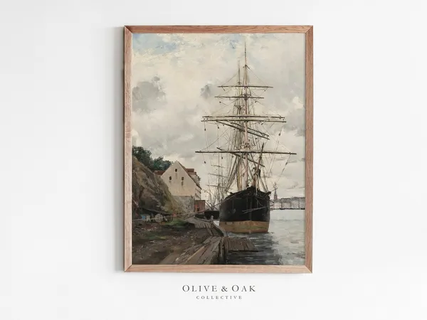 Coastal Harbor Ship Vintage Nautical Art Print