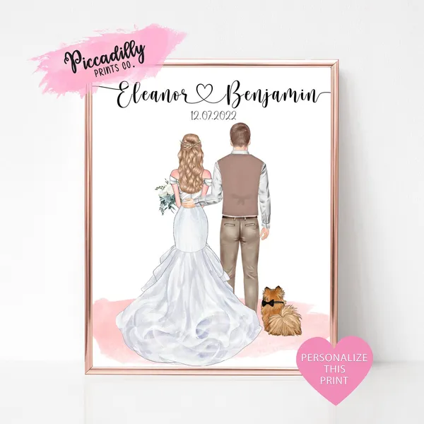 Personalised Wedding Portrait With Pets, Art Print