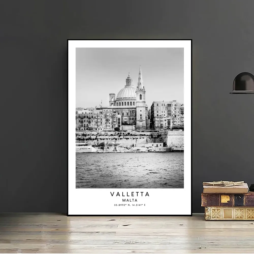 Valletta Travel Poster, Black and White Minimalist - Image 2