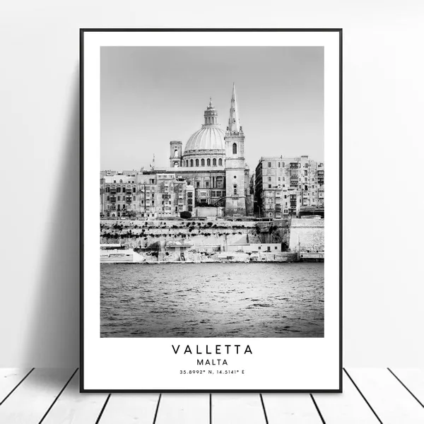 Valletta Travel Poster, Black and White Minimalist