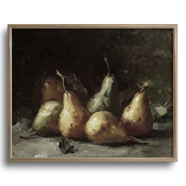 Vintage Kitchen Still Life Painting, Moody Pear Art Print