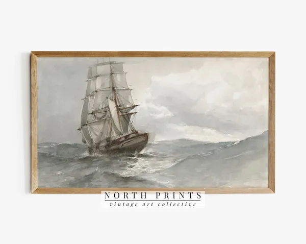 Nautical Ship Painting Art Print, Vintage Coastal Decor