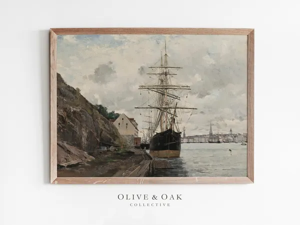 Vintage Nautical Ship Harbor Seascape Art Print