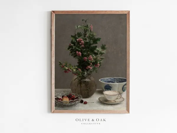 Vintage Floral Still Life, Oil-Painting-Style Art Print