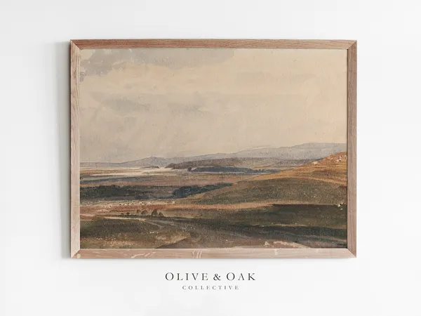 Moody Autumn Landscape, Vintage Rustic Watercolor Art Print