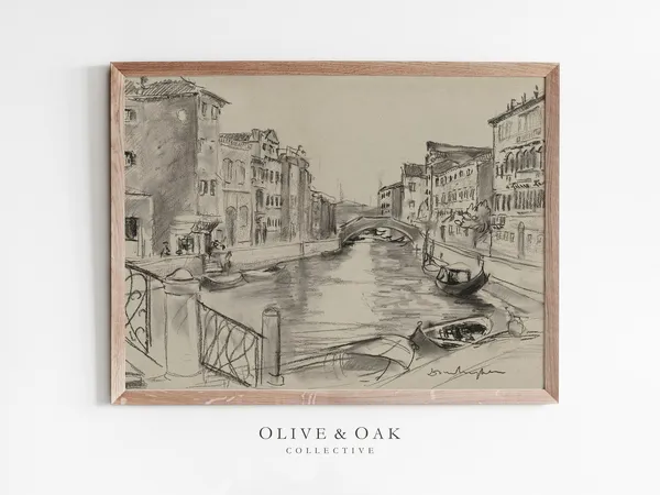 Vintage Venice Canal Drawing, Antique Cityscape Print