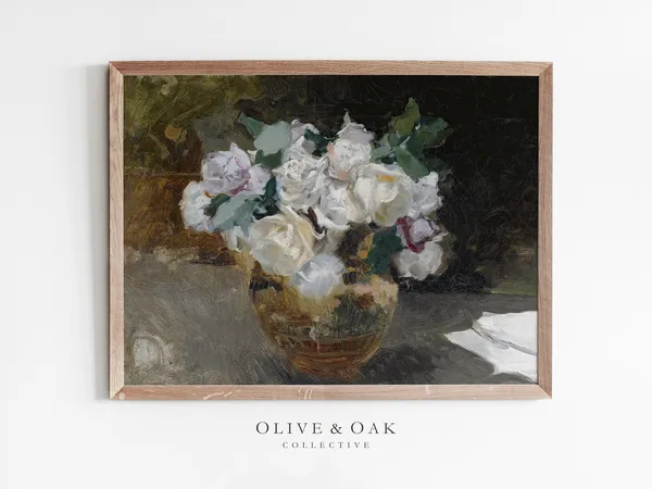 Vintage Rose Still Life, Floral Oil-Painting Print
