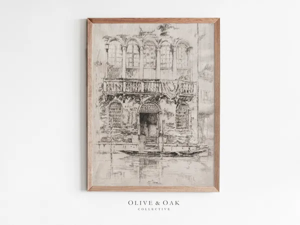 Venice Canal Sketch, Vintage Architecture Art Print