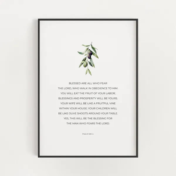 Psalm 128:1-4 Bible Verse, Watercolor Olive Branch Art Print