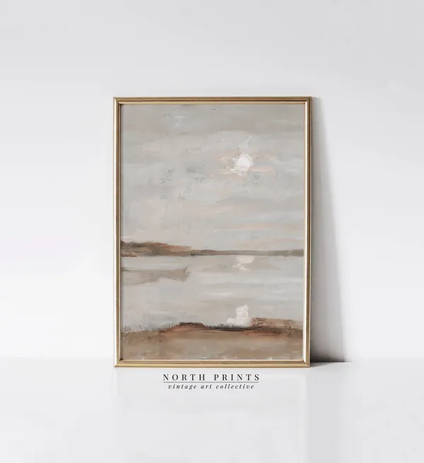Muted Beach Scene Oil Painting, Warm Tone Art Print