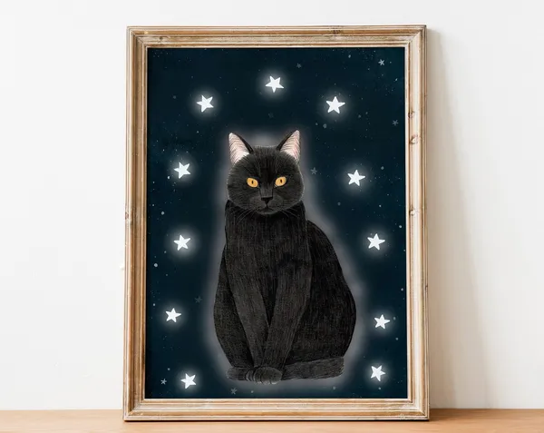 Black Cat and Stars Celestial Art Print