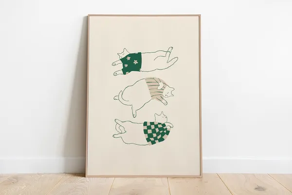 Cat Line Art Print, Cats In Sweaters