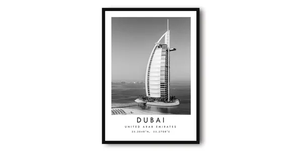 Dubai Travel Print, Black and White Minimalist Poster