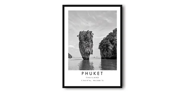 Phuket Travel Poster, Black and White Wall Decor