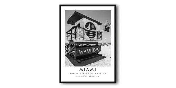 Miami Beach Minimalist Travel Poster, Black And White