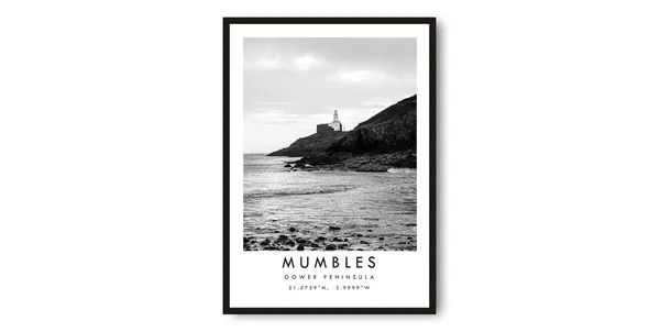 Mumbles Travel Poster, Black and White Minimalist