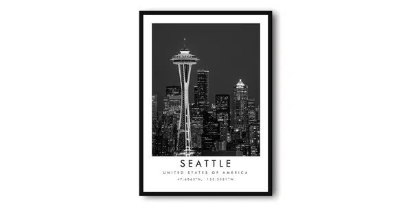 Seattle Skyline Black and White Minimalist Travel Poster