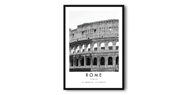 Rome Travel Poster, Black And White Minimalist Decor