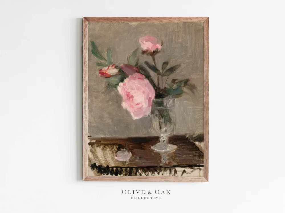 Vintage Farmhouse Floral, Peony Still Life Art Print