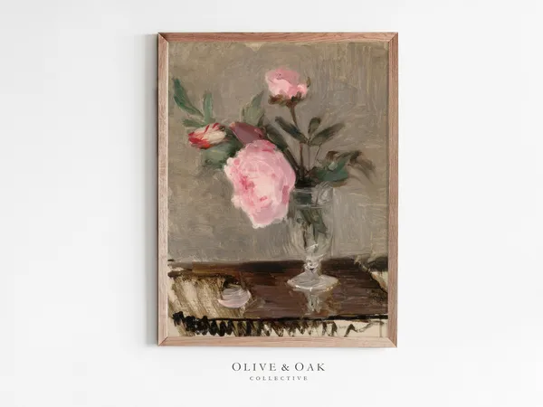Vintage Farmhouse Floral, Peony Still Life Art Print