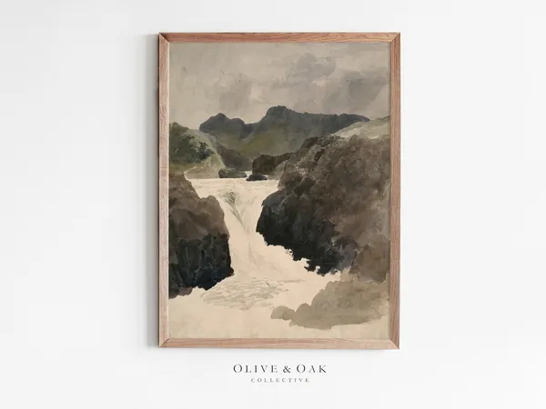 Rustic Waterfall Watercolor Painting Art Print