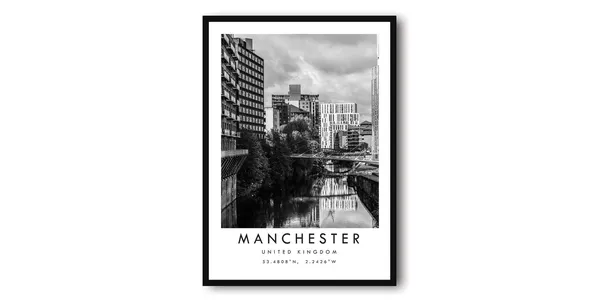Manchester Cityscape Print, Black And White Minimalist