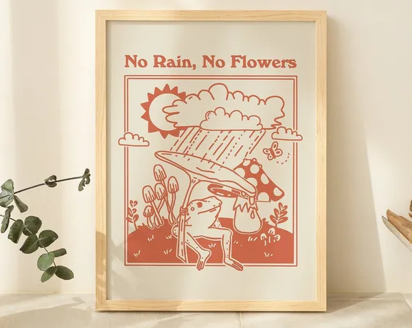 Retro Frog and Mushroom Illustration Wall Print
