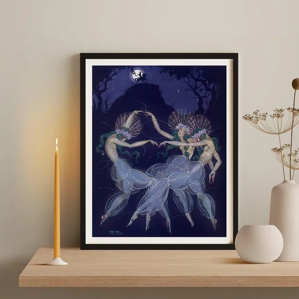 Vintage Moonlight Dancing Women, Art Nouveau Poster