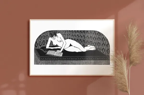 Vintage Woman Reading, Woodblock Style Art Print