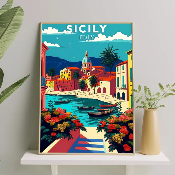 Italy Sicily Travel Poster, Landscape Wall Art Print