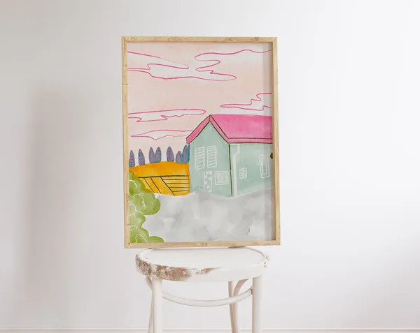 Pink Swiss House Watercolor Painting Art Print