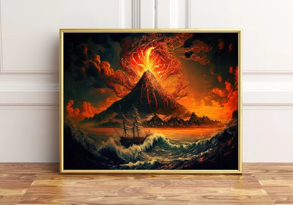 Ship Sailing During Volcanic Eruption Travel Poster