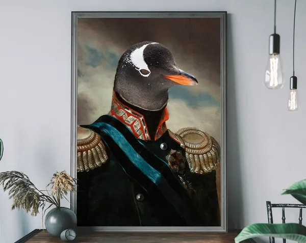 Renaissance Penguin Portrait Art Print, Altered Art