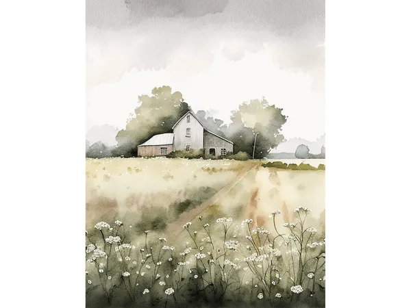 Farm Painting Wildflowers Watercolor Art Print