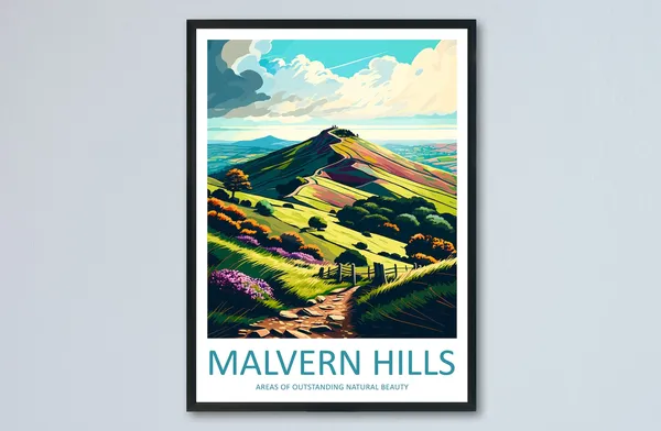 Malvern Hills Travel Poster, AONB Landscape