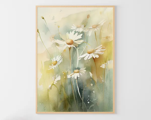 Daisy Watercolor Meadow Art Print, Wildflowers