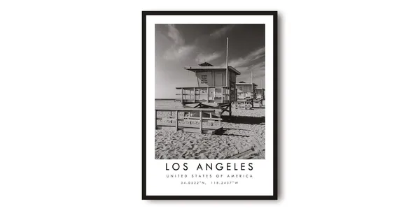 Los Angeles Travel Print, Black And White Santa Monica