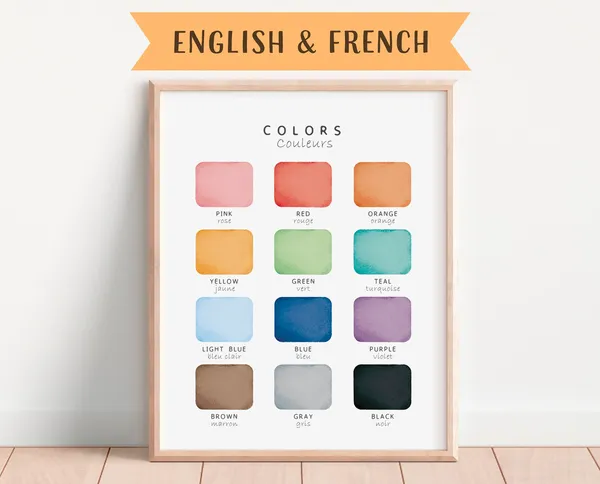 Bilingual French Learning Poster, Classroom Wall Art Print
