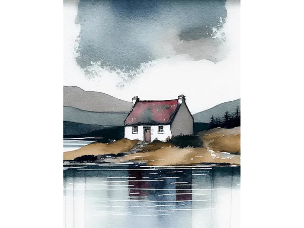 Scotland Cottage Lake Watercolor Landscape Art Print