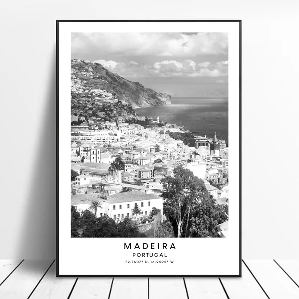 Madeira Island Travel Poster, Black and White Minimalist